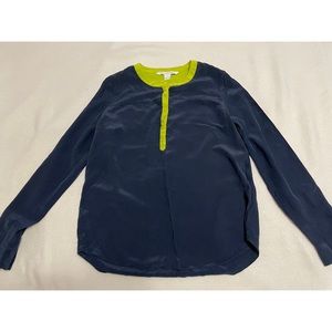 Diane Von Furstenberg silk navy and neon green contrast blouse (size 8)